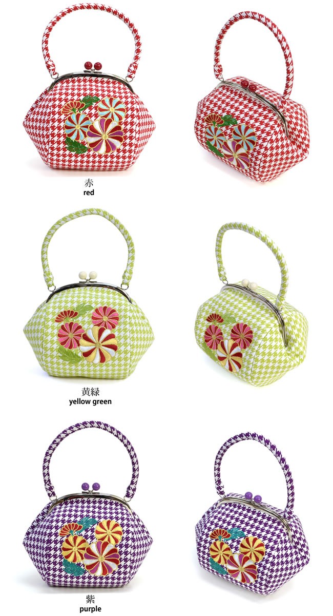 b23 赤 未使用品 キモノカフェ 刺繍 がま口 ちりめん 和装 バッグ kimono cafe 振袖用 バッグ 千鳥格子 ねじ菊の刺繍 がま口