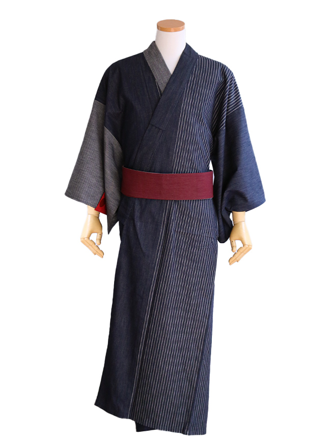 kimono cafe メンズ デニム着物 全6柄 よろけ縞 ななめ縞 M