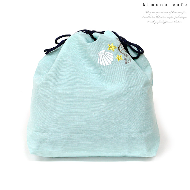kimono cafe(キモノカフェ) 巾着袋 巾32cm 33cm 麻生地 刺繍 kimono cafe(キモノカフェ) 巾着袋 巾32cm 33cm 麻生地 刺繍