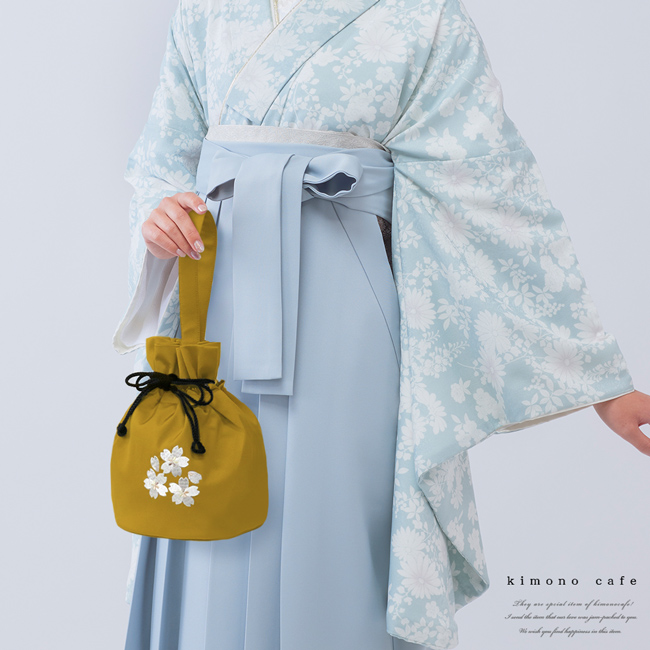 kimono cafe（キモノカフェ） 袴用巾着 桜刺繍 一本手 袴用バッグ 卒業 