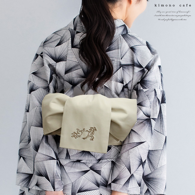 美品　鳥獣戯画　半幅帯　綿　生成り　ファブリック　アレンジ帯　長さ400 美品 鳥獣戯画 半幅帯 綿 生成り ファブリック アレンジ帯 長さ