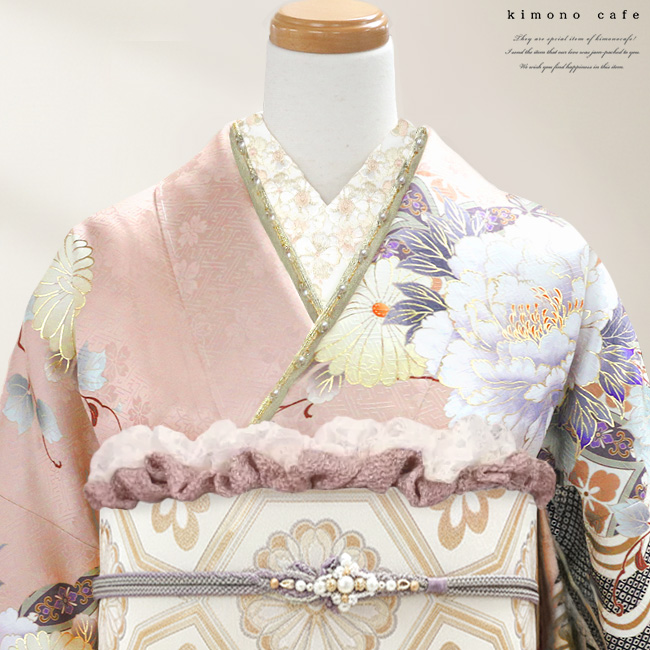 kimono cafe（キモノカフェ） 振袖 重ね衿 パール&チェーン 黒 赤