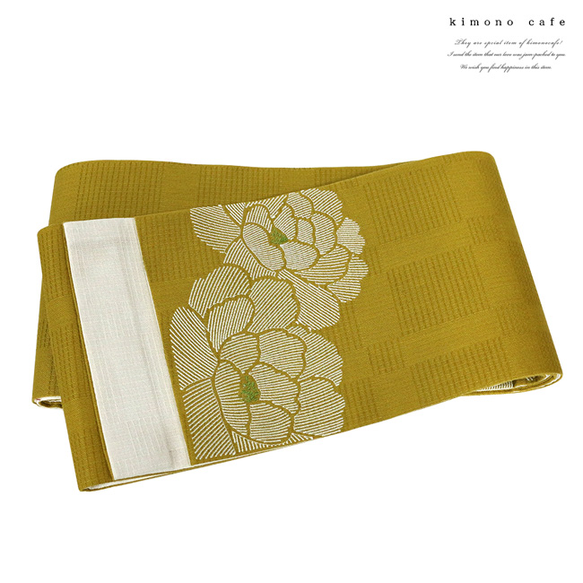 kimono cafe（キモノカフェ） 半巾帯 牡丹 刺繍 半幅帯 浴衣帯 細帯