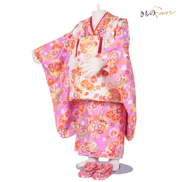七五三 3歳 女の子 着物 被布 フルセット セット 販売 購入 被布セット 安い 衣装 草履 髪飾り 巾着 足袋 ピンク 紫 赤 オレンジ | ブランド登録なし | 06