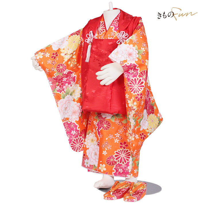 七五三 3歳 女の子 着物 被布 フルセット セット 販売 購入 被布セット 安い 衣装 草履 髪飾り 巾着 足袋 ピンク 紫 赤 オレンジ | ブランド登録なし | 09