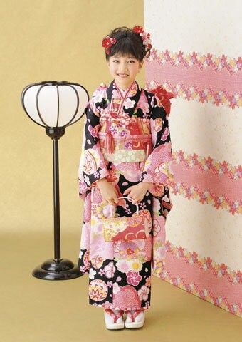 七五三 レンタル 着物 7歳 着物セット フルセット 7才 黒色 ピンク色