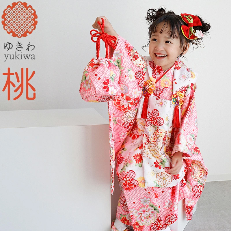 七五三　三歳用お着物 七五三 着物 3歳 雪輪 ねじり梅 女の子 フルセット 被布セット