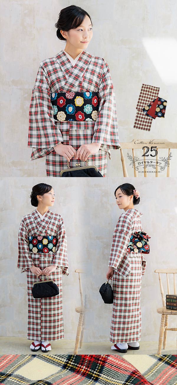 木綿の着物+木綿の半幅帯の2点セット 木綿着物 単衣 洗える着物 日本製 kimonomachiオリ...