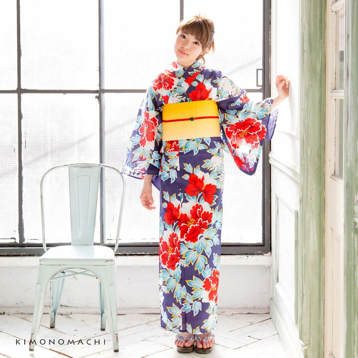 紫×市松×紅葉×牡丹 京都呉服店高級浴衣♡ KIMONOMACHI 京都きもの町オリジナル浴衣単品「紺色牡丹」フリーサイズ