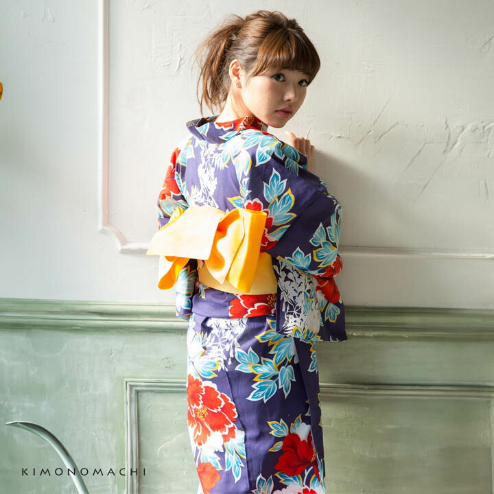 KIMONOMACHI 京都きもの町オリジナル浴衣単品「紺色牡丹」フリーサイズ
