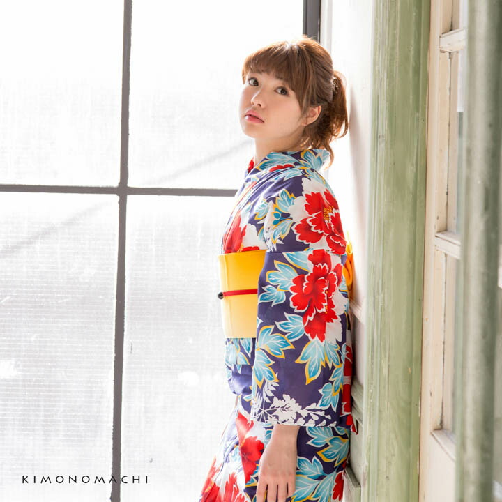 KIMONOMACHI 京都きもの町オリジナル浴衣単品「紺色牡丹」フリーサイズ