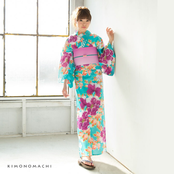 KIMONOMACHI 京都きもの町オリジナル浴衣単品「水色牡丹」フリーサイズ