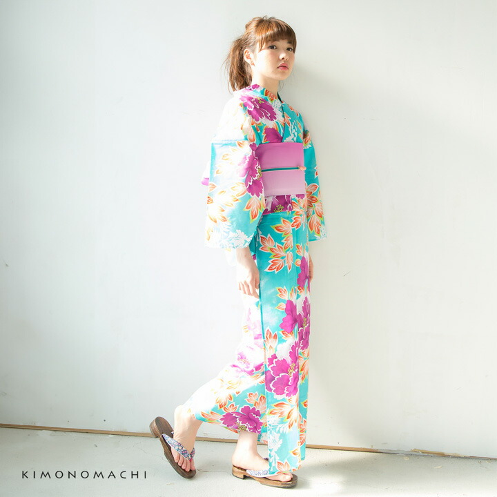 KIMONOMACHI 京都きもの町オリジナル浴衣単品「水色牡丹」フリーサイズ