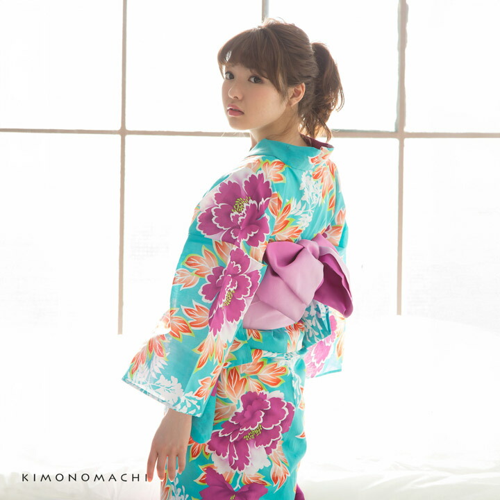 KIMONOMACHI 京都きもの町オリジナル浴衣単品「水色牡丹」フリーサイズ