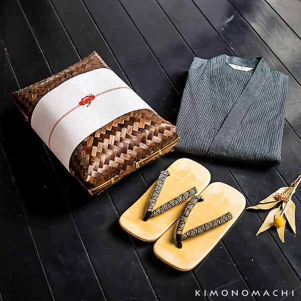 しじら織り 綿麻甚平＋雪駄の竹籠入りギフトセット