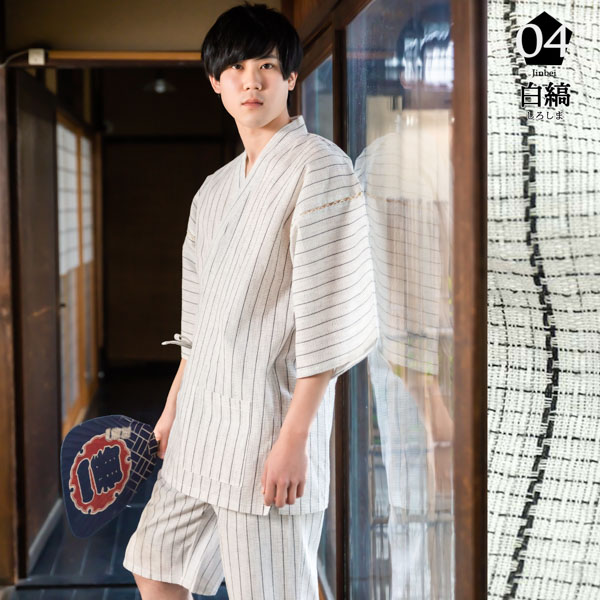 しじら織り 綿麻甚平＋雪駄の竹籠入りギフトセット