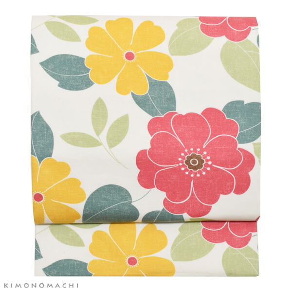 木綿 名古屋帯「ホワイト モダンフラワー」カジュアル 長尺もあります 洒落帯 コットン名古屋帯 日本製ss2509ong20 木綿 名古屋帯「白色 フラワー」カジュアル 長尺もあります 洒落帯