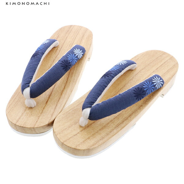 女性下駄単品「刺繍下駄 マーガレット紺」フリーサイズ(Lサイズ) 23〜24.5cm 痛くなりにくい 下駄 女性 レディース KIMONOMACHIオリジナル 桐下駄 浴衣・夏着物に 浴衣下駄 【メール便不可】