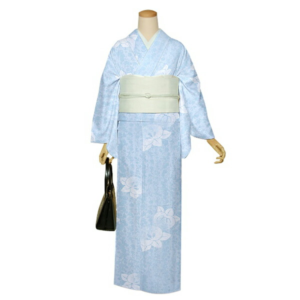 夏の正絹小紋 反物 「紋紗 スモークブルー、花唐草、橘」着尺 日本製 