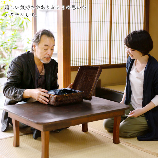 綿麻甚平+下駄+竹籠