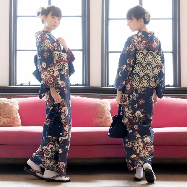 KIMONOMACHI 洗える着物 袷着物単品 「花紋散らし 紺青」 オリジナル