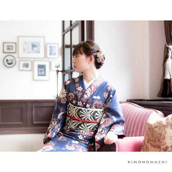 KIMONOMACHI 洗える着物 袷着物単品 「花紋散らし 紺青」 オリジナル