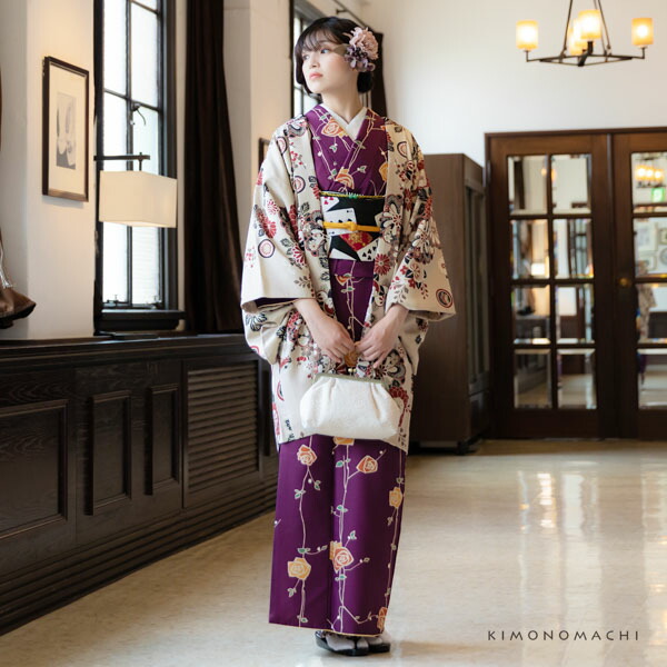 羽織 単品 KIMONOMACHI オリジナル 「花紋散らし 灰梅」 ポリエステル 洗える羽織 きもの福袋から飛び出したオリジナル羽織 京都きもの町オリジナル カジュアル着物 【メール便不可】