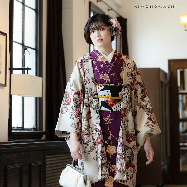 羽織 単品 KIMONOMACHI オリジナル 「花紋散らし 灰梅」 ポリエステル 洗える羽織 きもの福袋から飛び出したオリジナル羽織 京都きもの町オリジナル カジュアル着物 【メール便不可】
