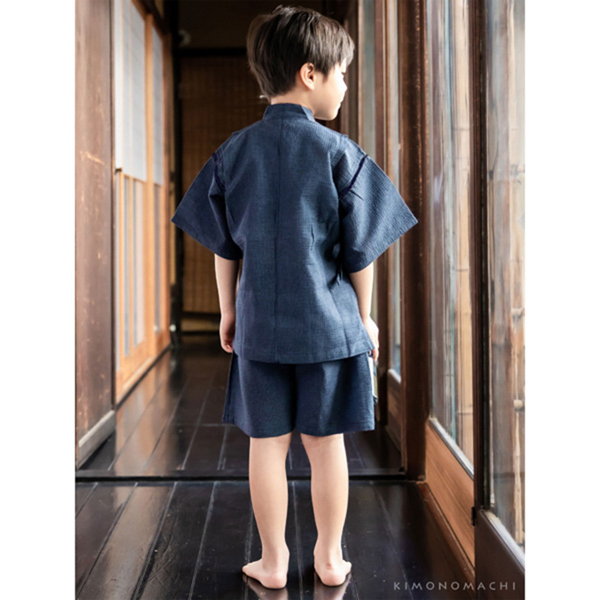 男の子甚平「藍色縞」 子供甚平 90cm 100cm 110cm 120cm 130cm 140cm お子様甚平 男児甚平 子供用甚平 京都きもの町オリジナル KIMONOMACHI 【メール便不可】