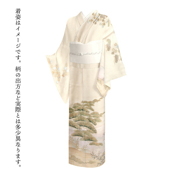 ［ 訪問着 ］袷　正絹　水色　薄い黄　ぼかし　梅　菊　箔　金　銀　作家物　松雨 未仕立て 訪問着 単品 桂由美 「薄卵色 松、菊に水辺文」 正絹 着物 仮