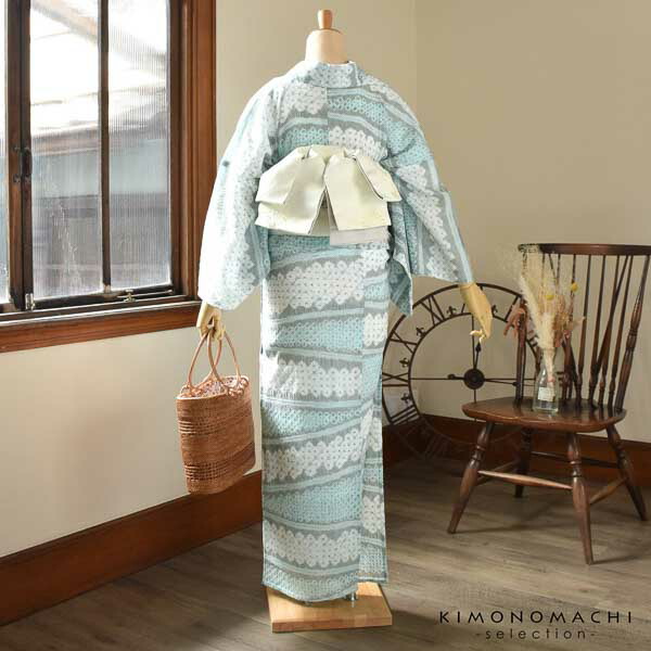 未使用 有松絞り 絞り ブルーグレー系 花柄 綿浴衣 お仕立て上がり絞り浴衣単品「フラワータペストリー ブルー