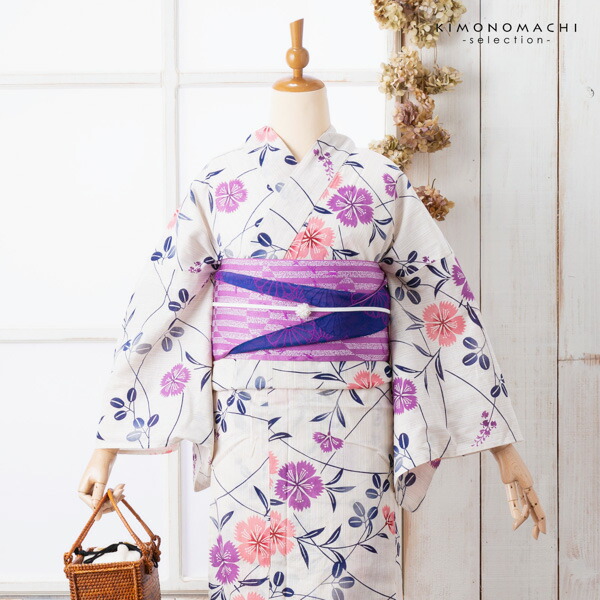 【新品未使用品】浴衣　レディース　浴衣単品　むらさき　花柄 浴衣 レディース 単品 お仕立て上がり浴衣 プレタ「花子倶楽部：生成り