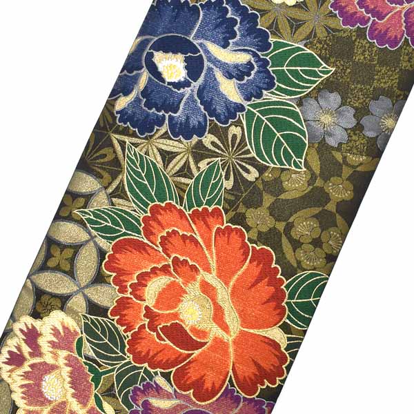 振袖袋帯「黒×ゴールド地 華美大輪の花」お仕立て上がり 振袖用 袋帯