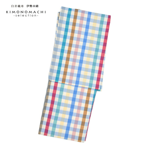 伊勢木綿着物　お仕立て上がり　カラフルチェック　Sサイズ　新品難あり 伊勢木綿 洗える着物 単品 「箱格子 枯芝色」 お仕立て上がり