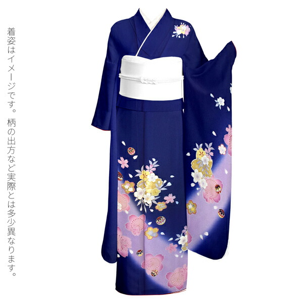 中古品)仕立て上がり 振袖「紺藍色 桜花に手鞠」貸衣装処分