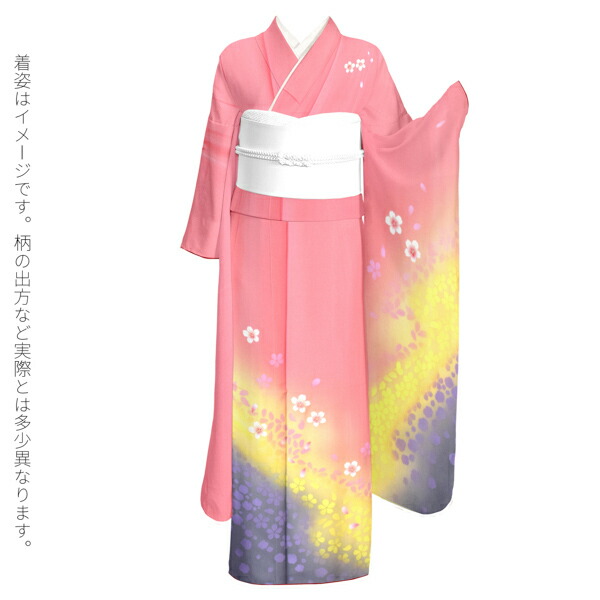 中古品)仕立て上がり 振袖「紅梅色 流れに桜」貸衣装処分 レンタル処分