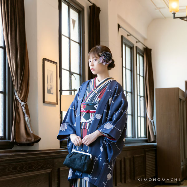 羽織 単品 KIMONOMACHI オリジナル 「ばら 墨紺色」 ポリエステル