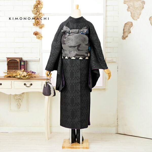 KIMONOMACHI 二尺袖着物 単品「アラベスクブラック」KIMONOMACHI