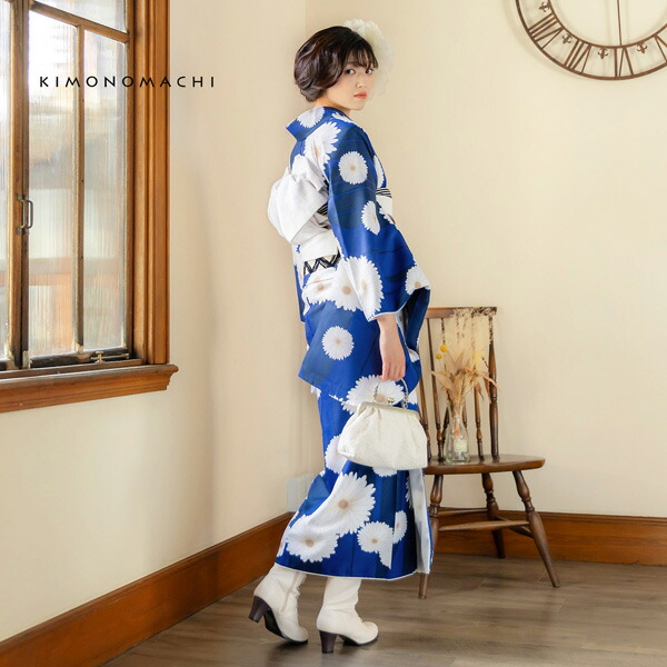 KIMONOMACHI 二尺袖着物 単品「矢羽根に菊瑠璃色」KIMONOMACHI