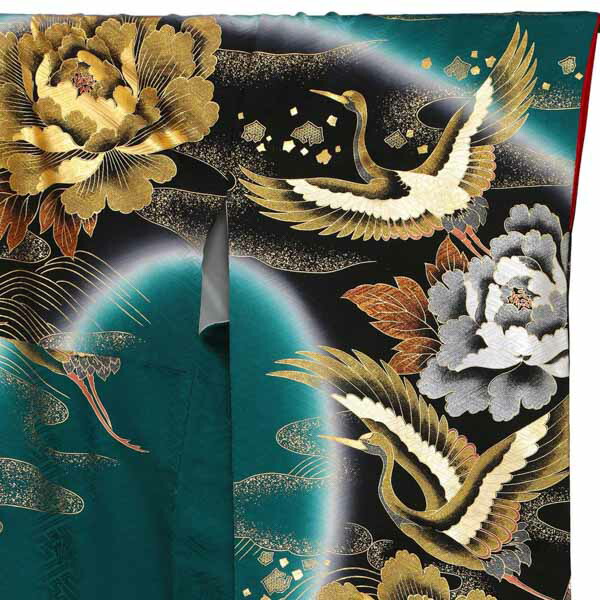 梅乃【041】正絹　振袖　緑　翡翠色　美品　百花繚乱　クラシカル 未仕立て 振袖 22点セット「桂由美 深緑 牡丹に流水と鶴」仮絵羽