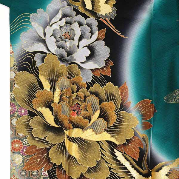 未仕立て 振袖 22点セット「桂由美 深緑 牡丹に流水と鶴」仮絵羽