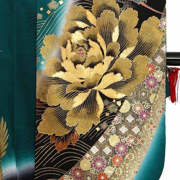 未仕立て 振袖 22点セット「桂由美 深緑 牡丹に流水と鶴」仮絵羽