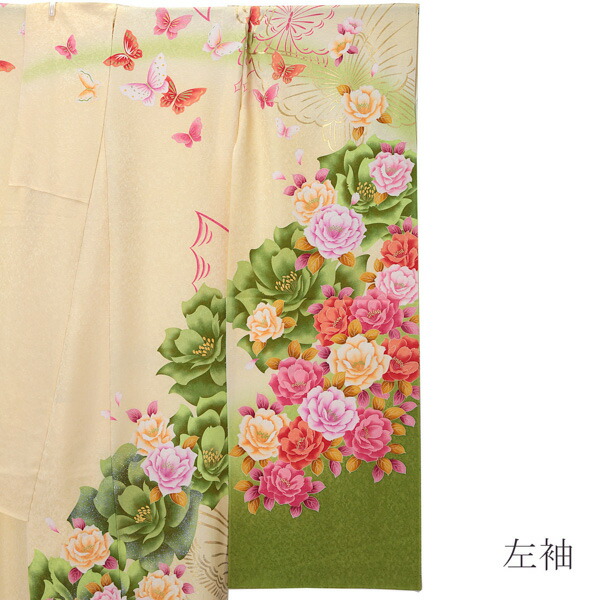 未仕立て 振袖 単品 「クリーム色 薔薇と蝶」 仮絵羽 振り袖 正絹 着物 