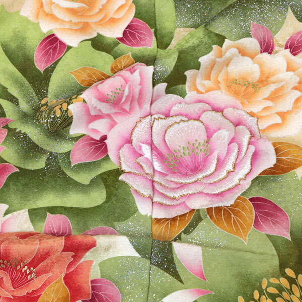 未仕立て 振袖 単品 「クリーム色 薔薇と蝶」 仮絵羽 振り袖 正絹 着物 