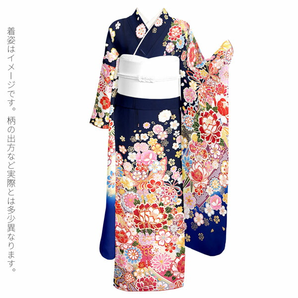 未仕立て 振袖 単品 「鉄紺色 鈴に牡丹」 仮絵羽 振り袖 正絹