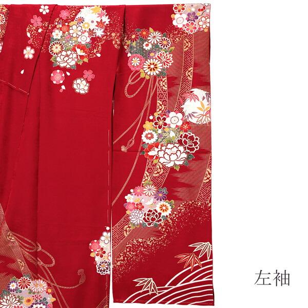 未仕立て 振袖 単品 「赤地 御簾に花の丸」 仮絵羽 振り袖 正絹