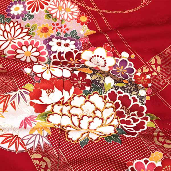 未仕立て 振袖 単品 「赤地 御簾に花の丸」 仮絵羽 振り袖 正絹