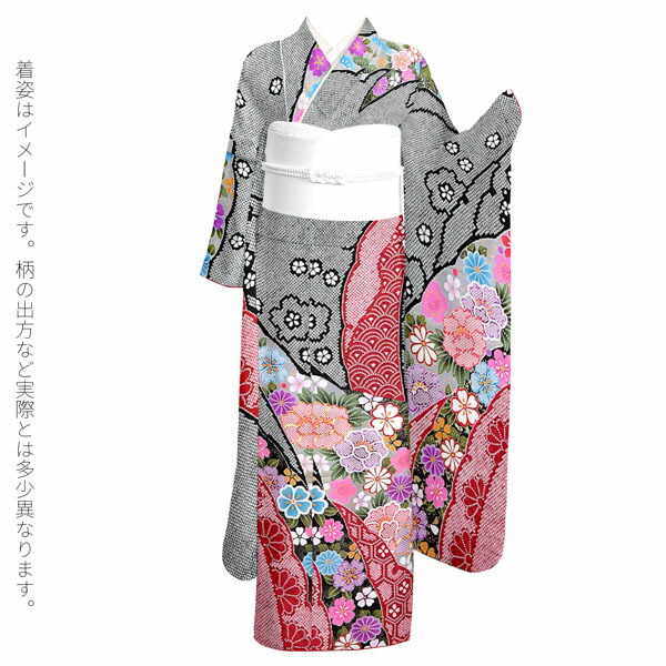 未仕立て 振袖 単品 「黒地　疋田、雪芝取りに牡丹」 仮絵羽 振り袖 正絹 着物 レディース 成人式 結婚式 結納 パーティー 晴れ着 (メール便不可)の画像