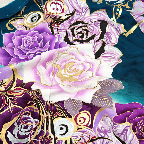 未仕立て 振袖 単品 「ピーコックブルー 紫薔薇」 仮絵羽 振り袖 正絹