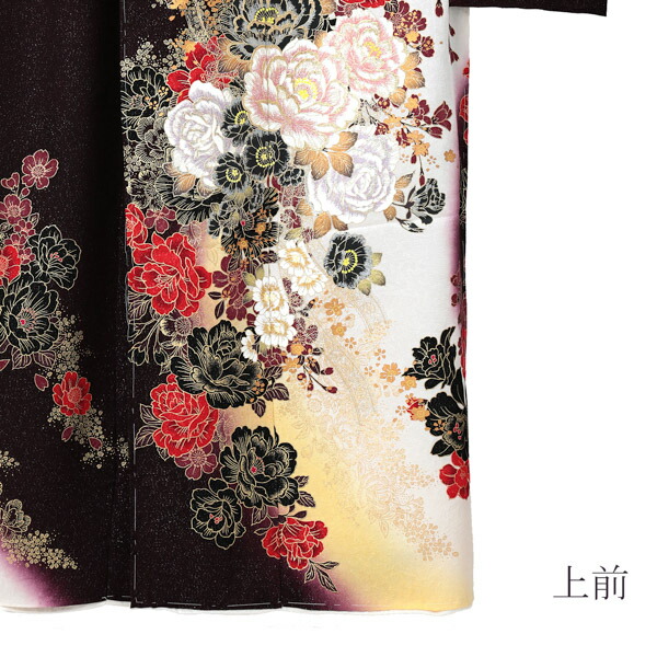 未仕立て 振袖 単品 「暗紫色 牡丹に桜」 仮絵羽 振り袖 正絹